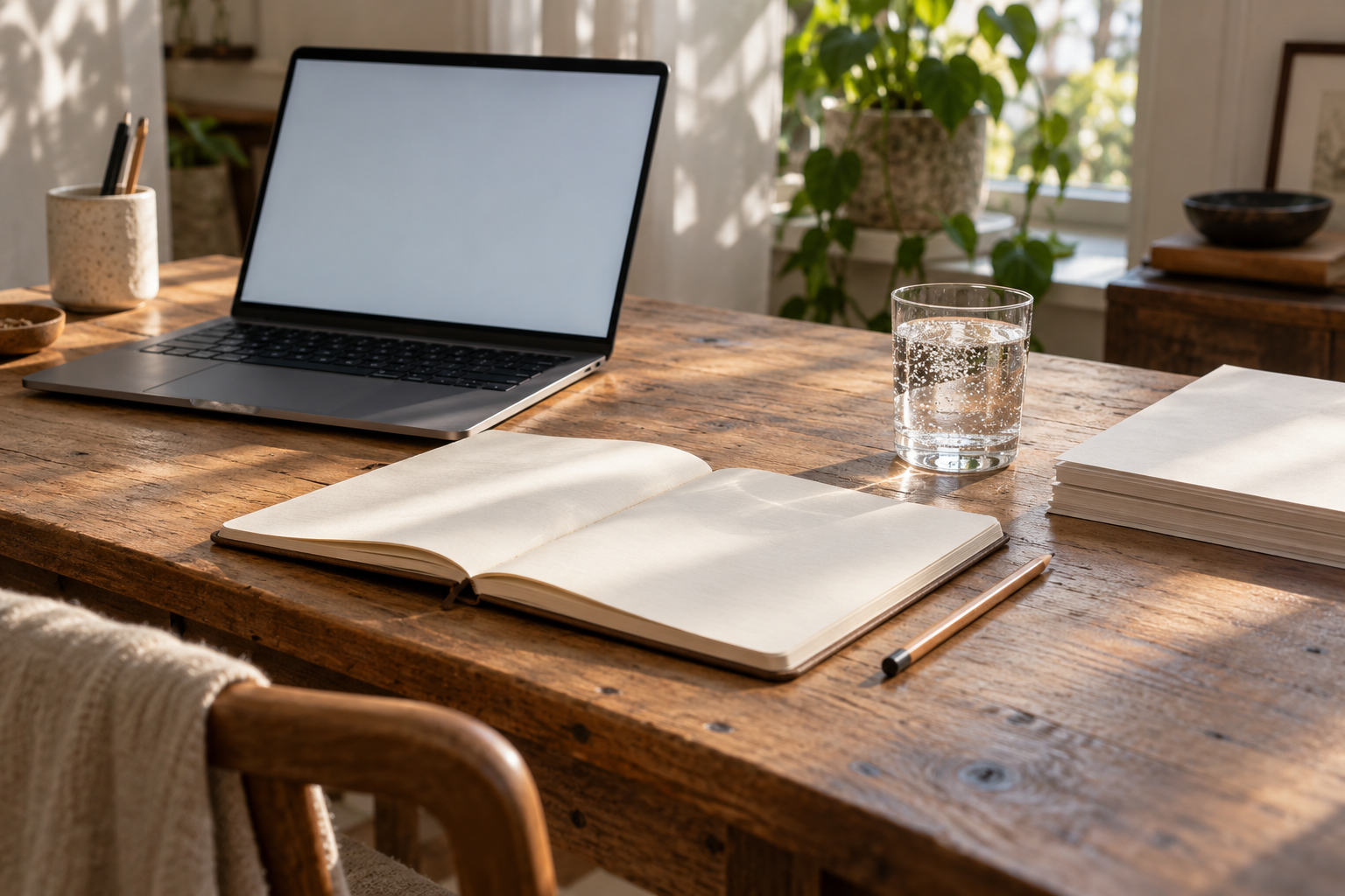 AI-generated photographic concept of a writing desk with a laptop, notebook and sparkling water, not the author's actual workspace.