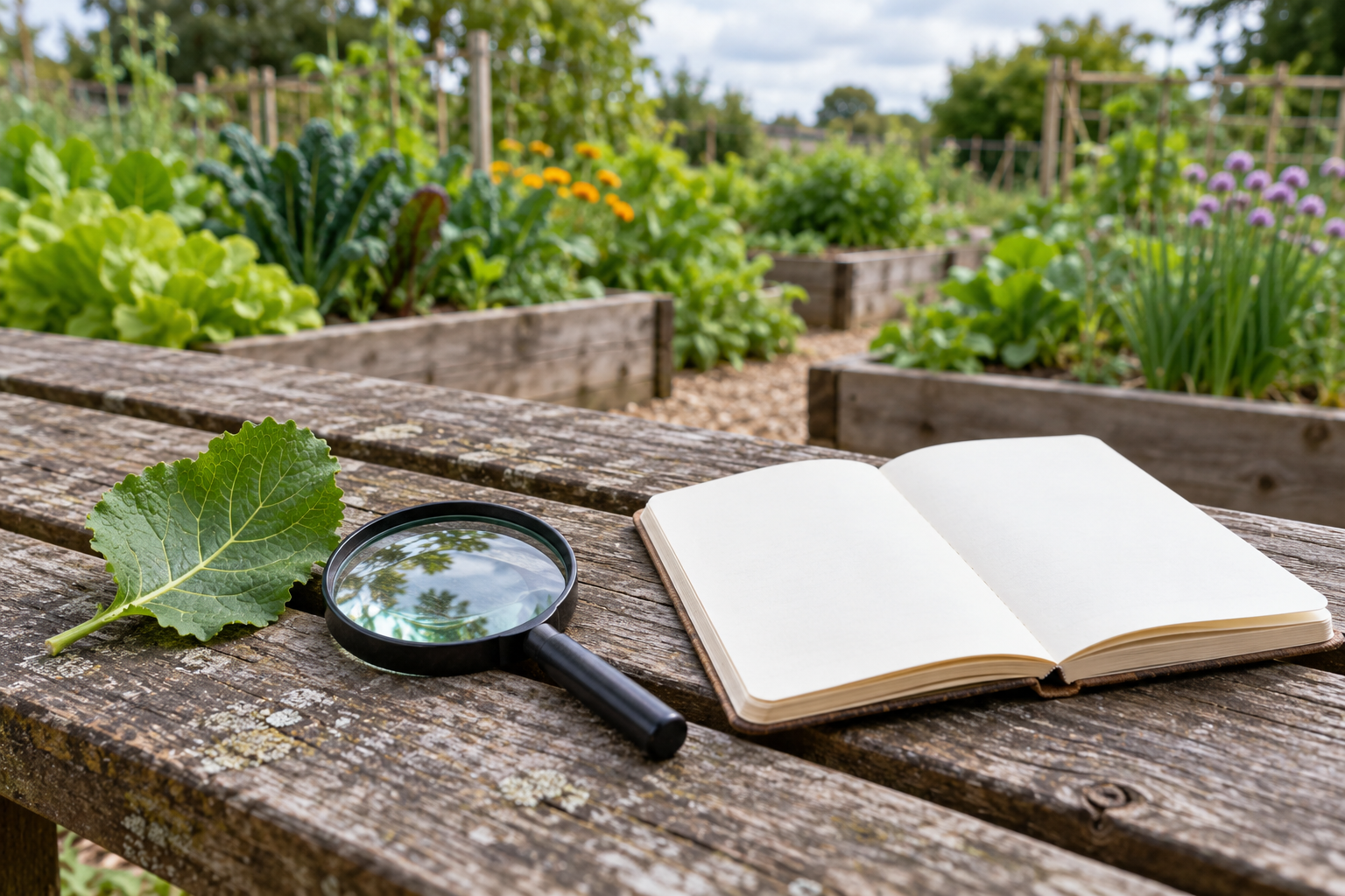 Magnifying lens, green leaf, and blank notebook beside a vegetable garden; AI-generated editorial illustration of garden observation.