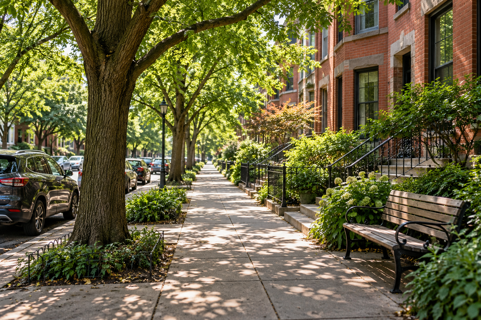 Mature trees shading a city sidewalk and bench; AI-generated editorial illustration of urban vegetation.