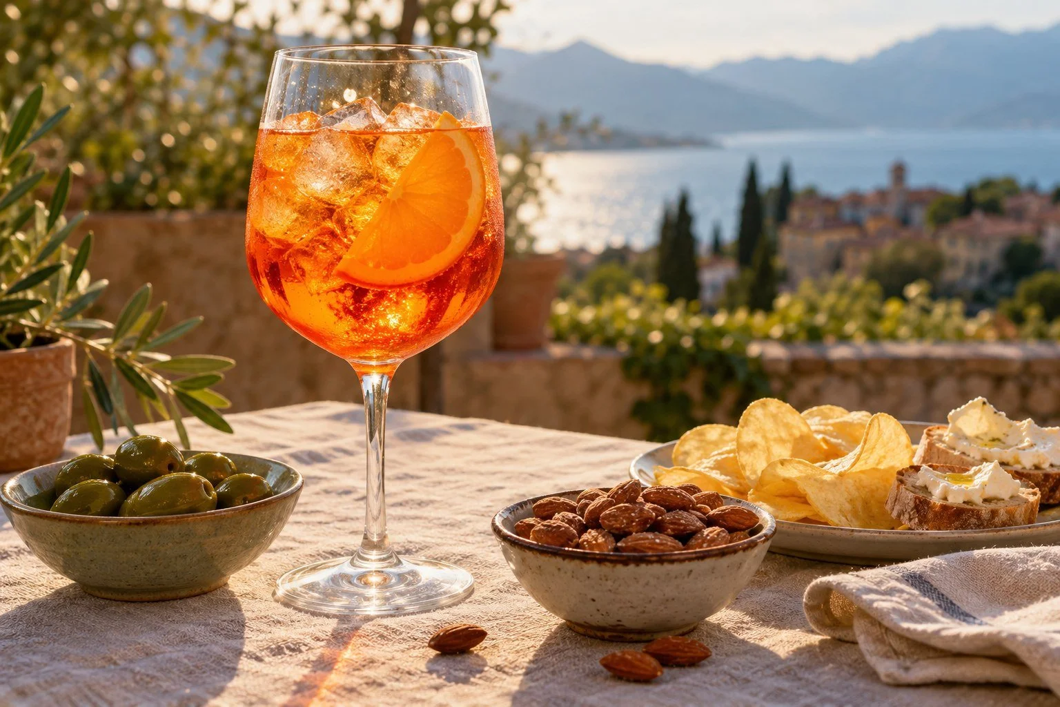 Orange spritz with olives, almonds, chips, bread, and cheese; AI-generated editorial illustration of an imagined aperitivo table.