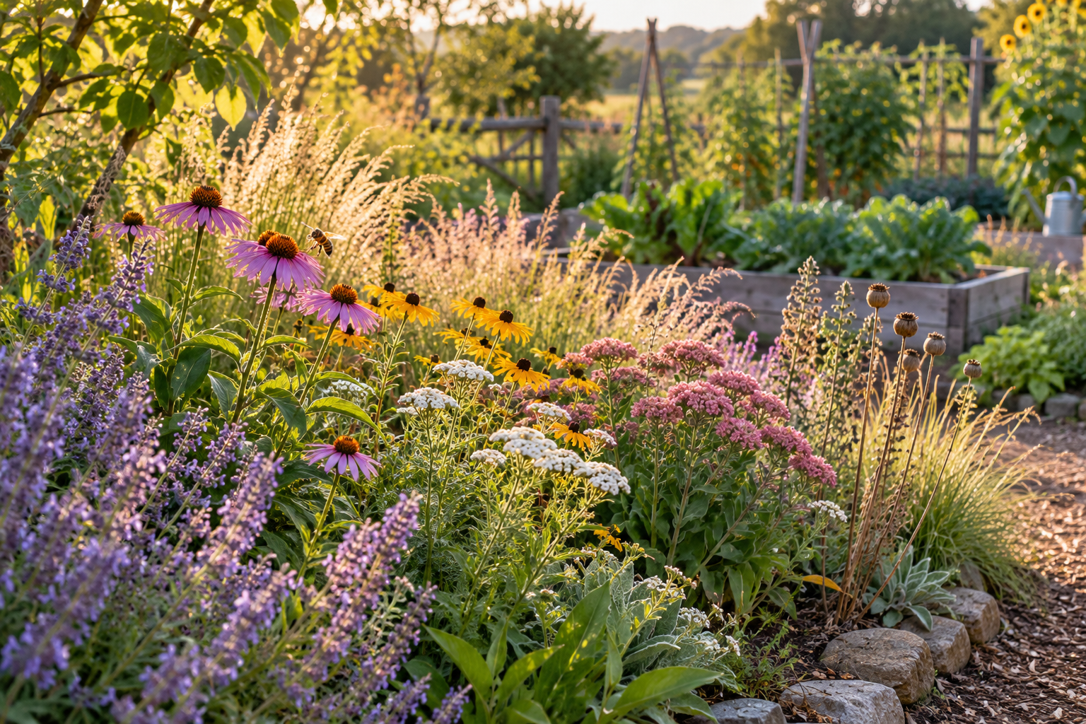 Mixed flowering garden border with standing stems and a small bee; AI-generated editorial illustration, not a species-identification image.