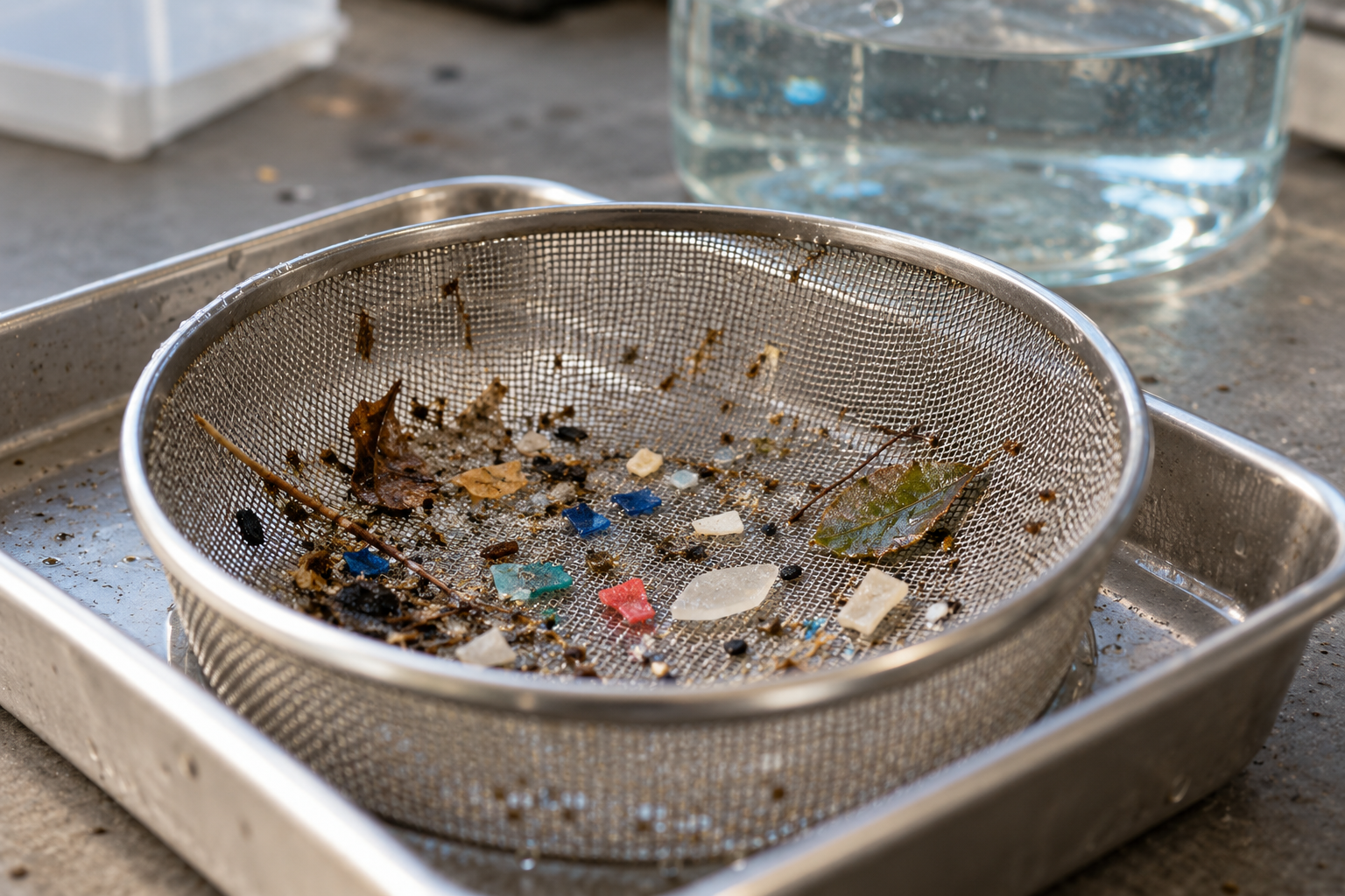 Mesh basket with mixed particles; AI-generated editorial illustration, not a measured sample or a Gillbert component.