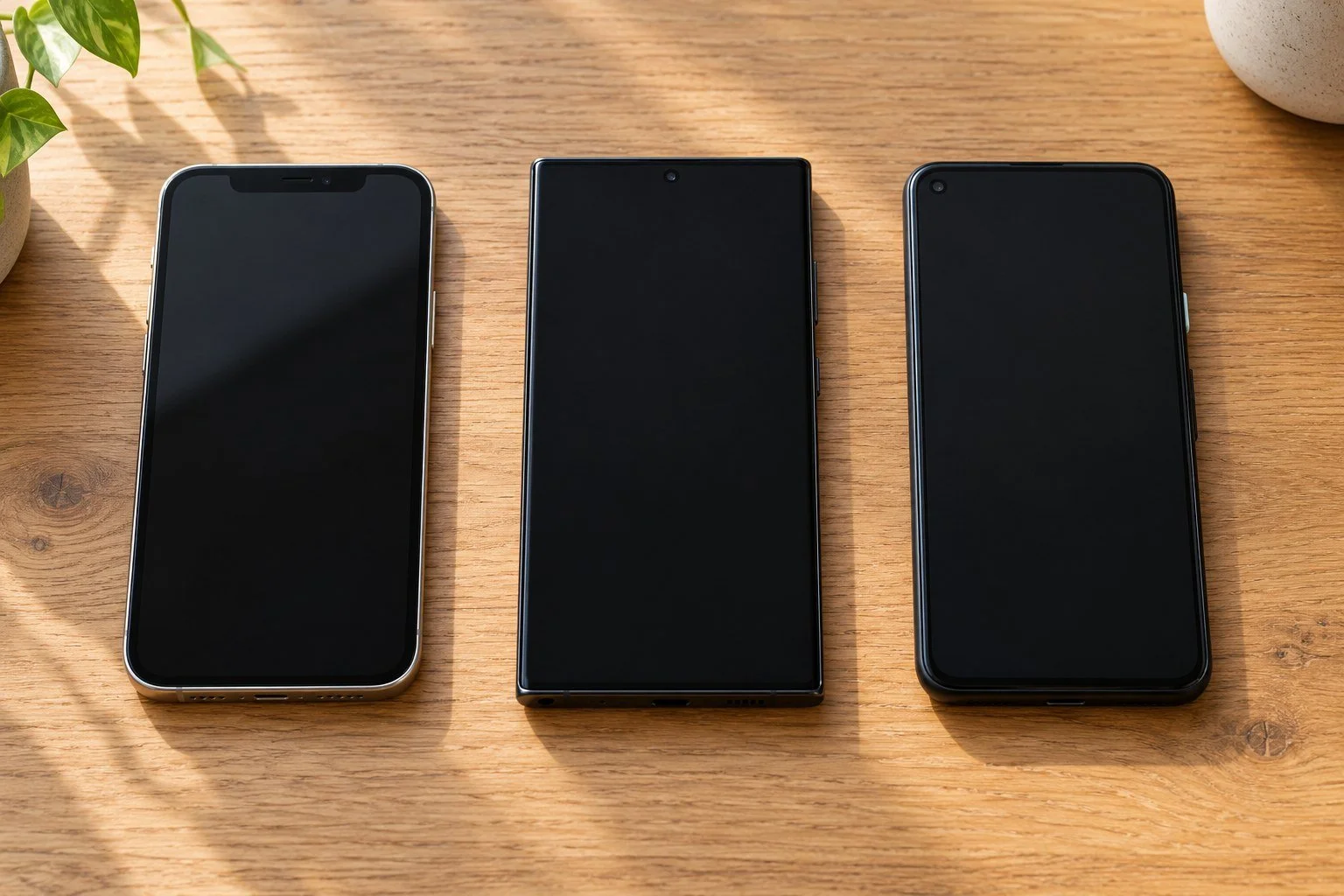 Three separate smartphones with screens off; AI-generated editorial illustration of platform independence, not a completed corporate breakup.