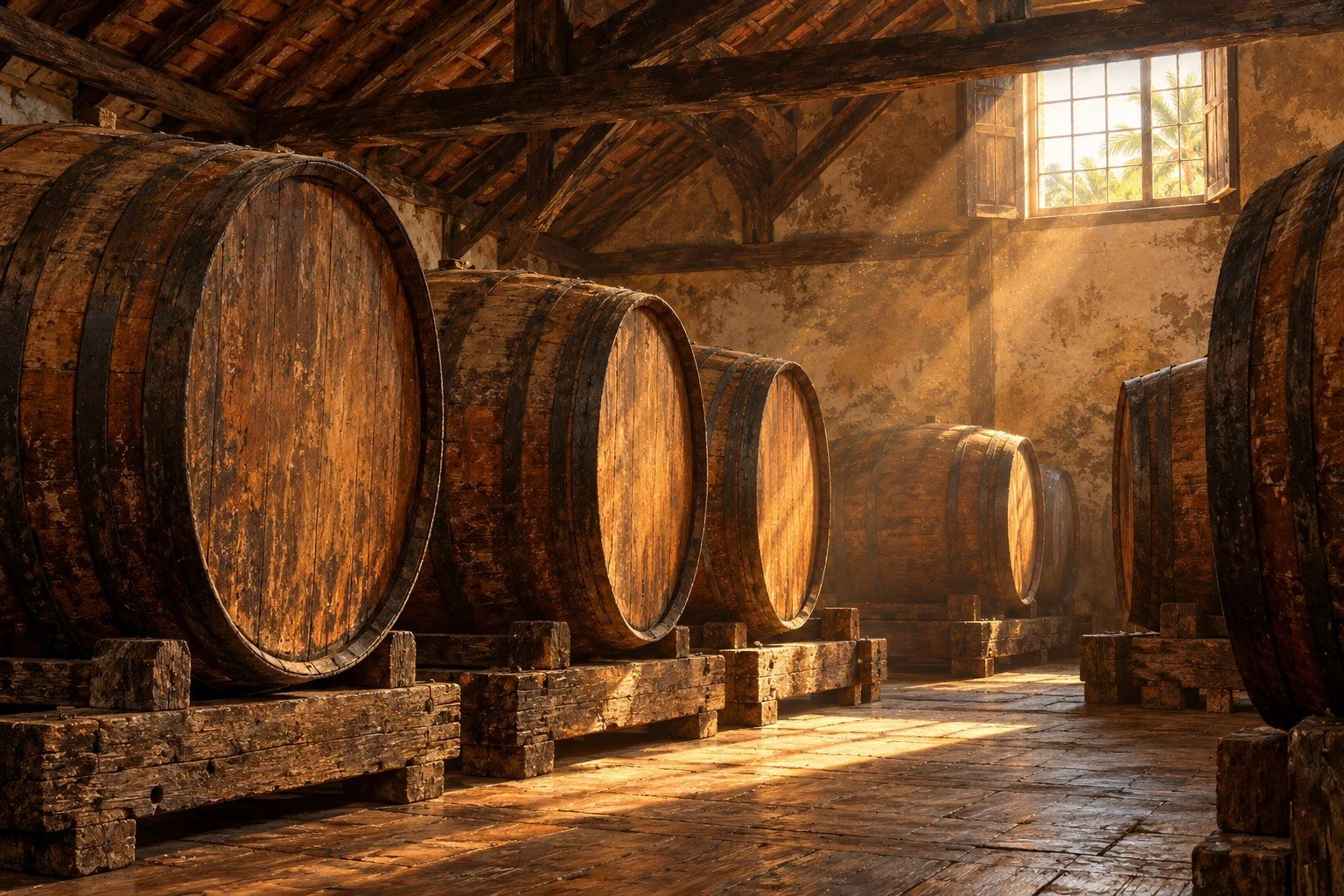 Traditional Madeira wine-loft concept; AI-generated editorial illustration, not a photograph of a named producer.