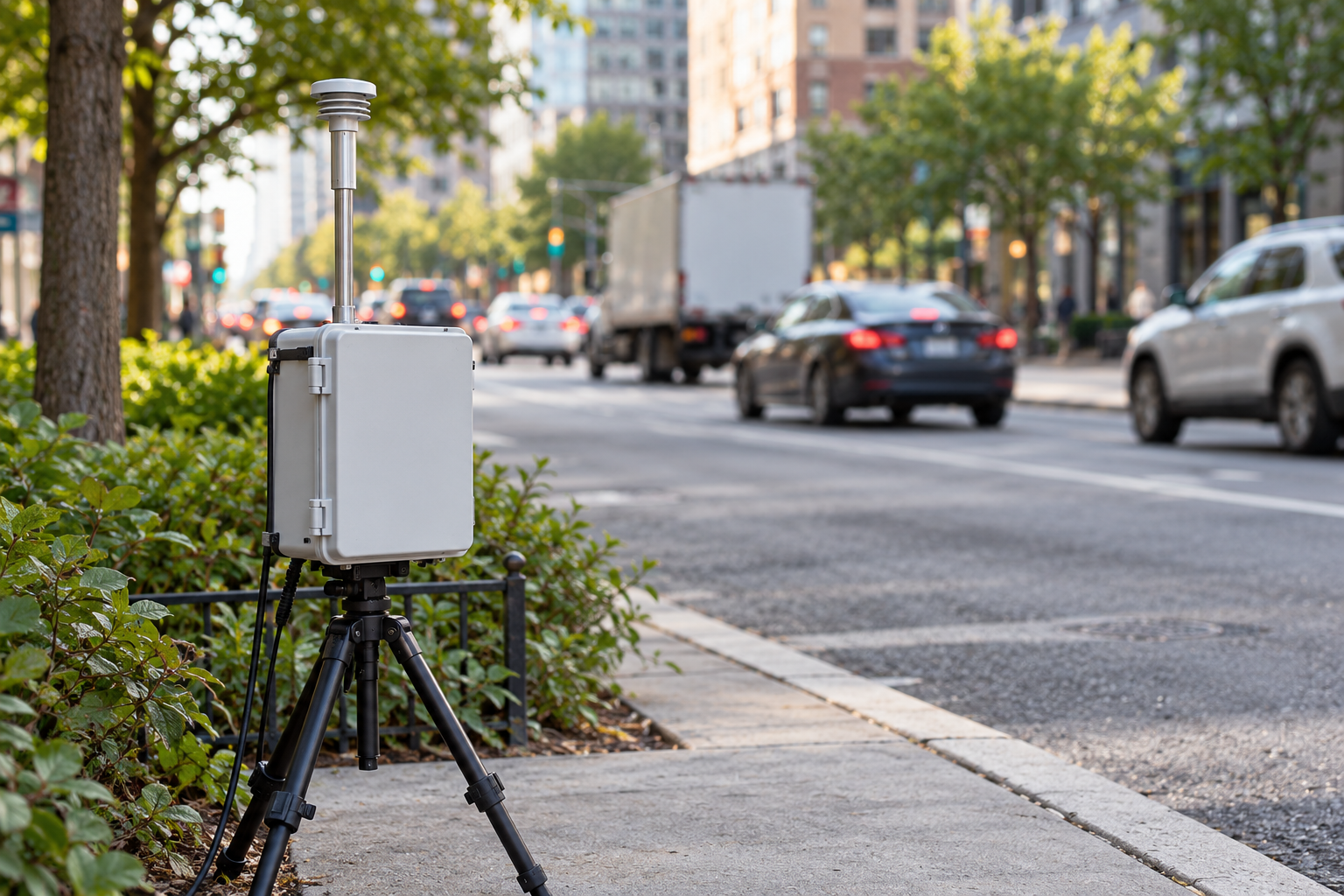 Generic roadside air-monitoring enclosure beside traffic; AI-generated concept, not equipment from the cited studies.