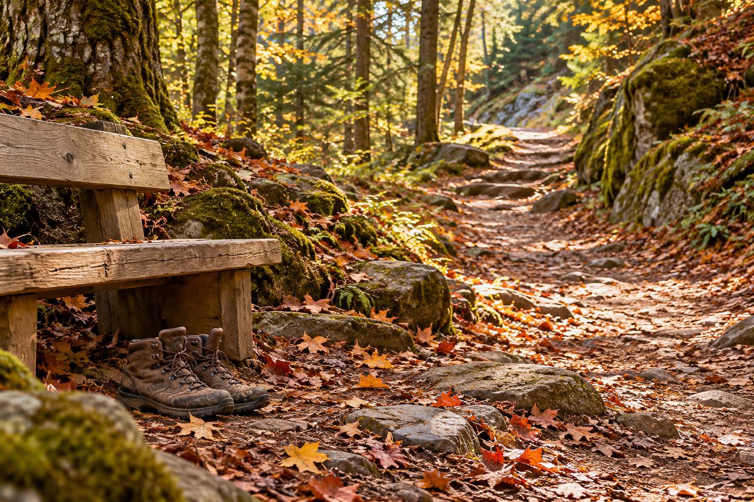 AI-generated photographic concept of hiking boots beside a bench on a woodland trail, not a documented hike.