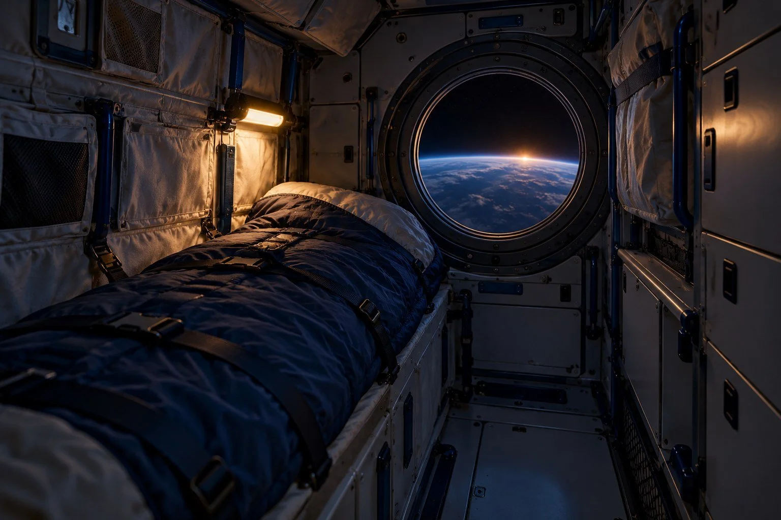 AI-generated editorial illustration of an unoccupied sleeping compartment in a generic orbital station, not a real mission photograph or exact ISS layout.