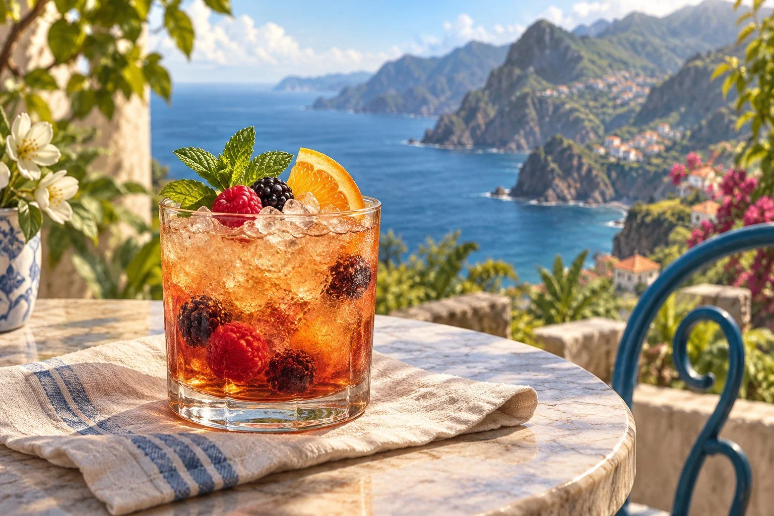 Madeira cobbler with crushed ice, berries, mint, and orange; AI-generated editorial serving illustration.