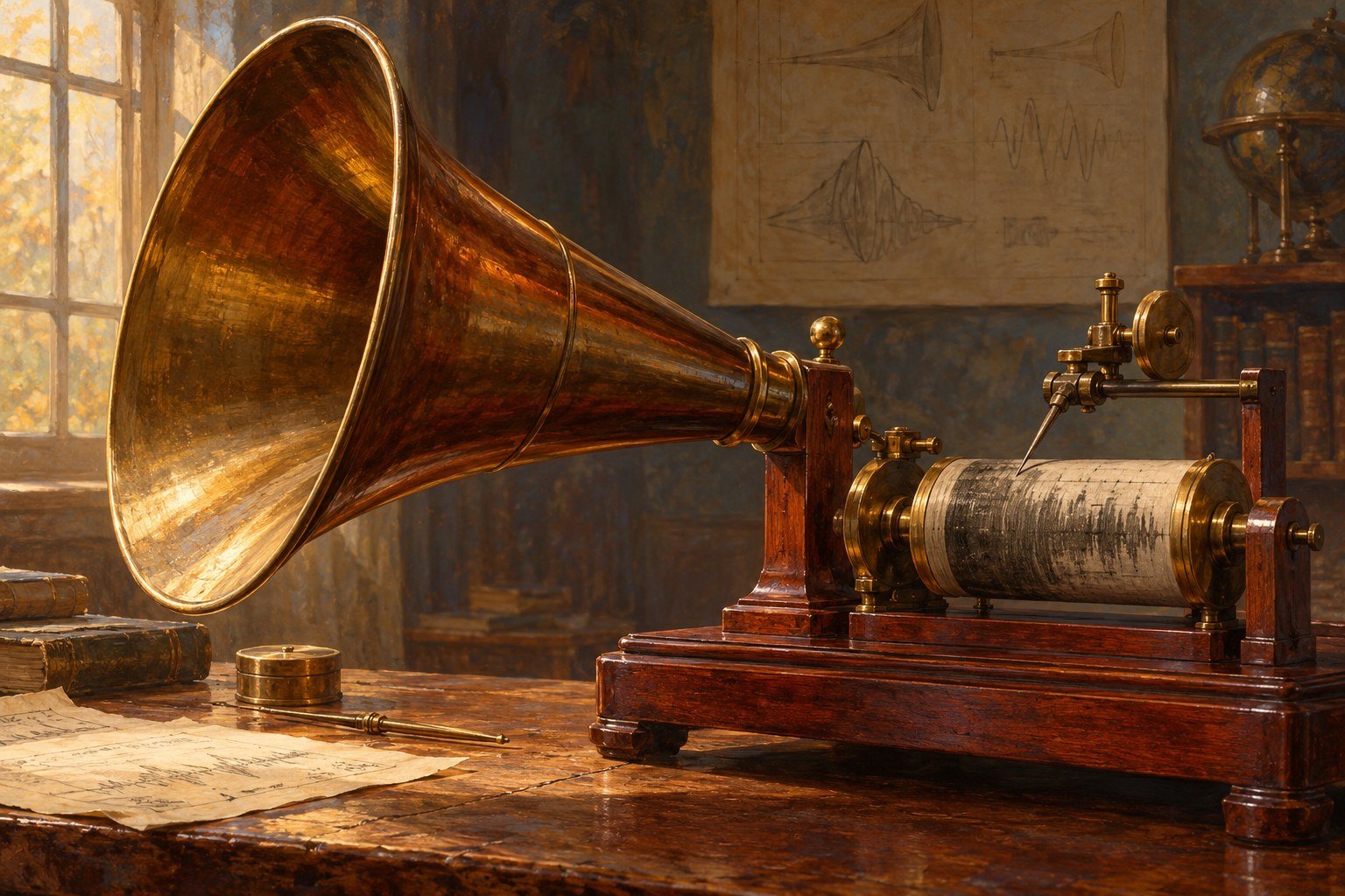 Period-inspired acoustic instrument; AI-generated editorial illustration, not the museum phonautograph.