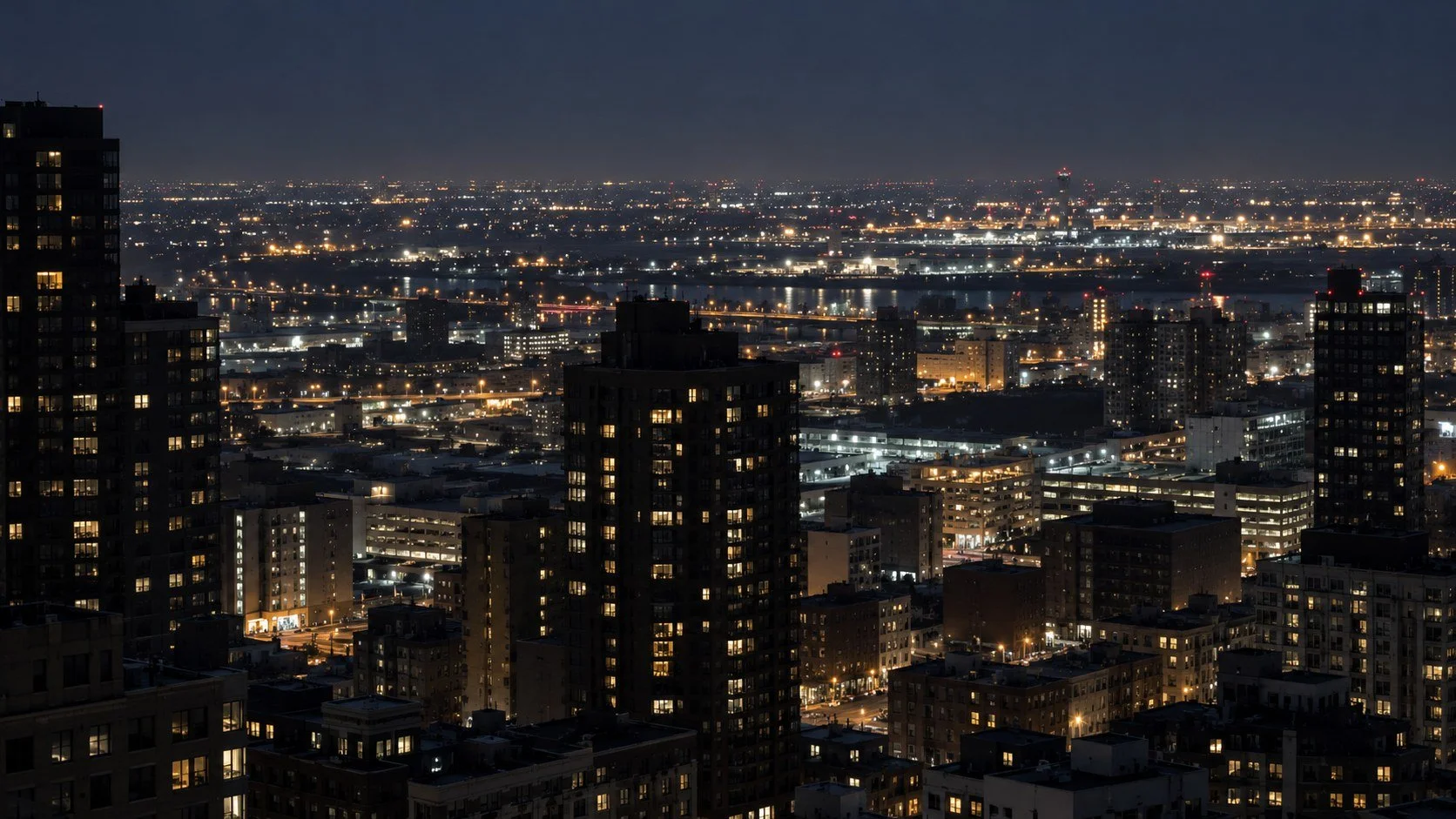 AI-generated editorial view of distant city lights, not a photograph from the Four Seasons or a measurement of airport-related scintillation.