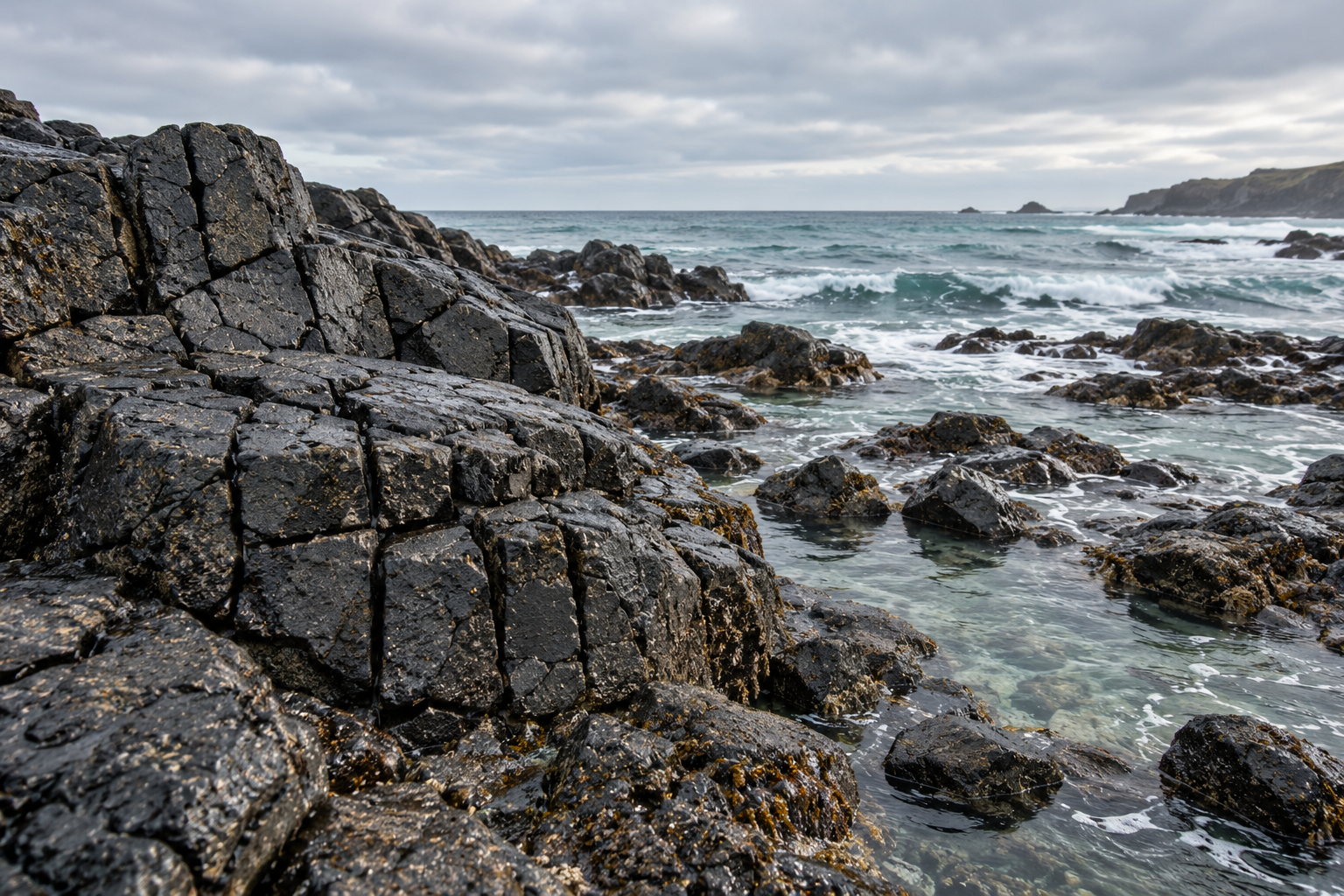 Dark fractured coastal rocks beside the ocean; AI-generated editorial illustration, not field evidence from a named location.