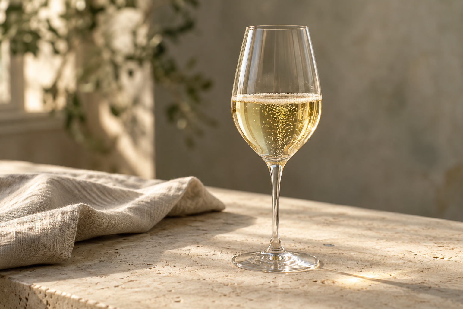 Illustration of pale gold Champagne in a tulip glass on a simple table.