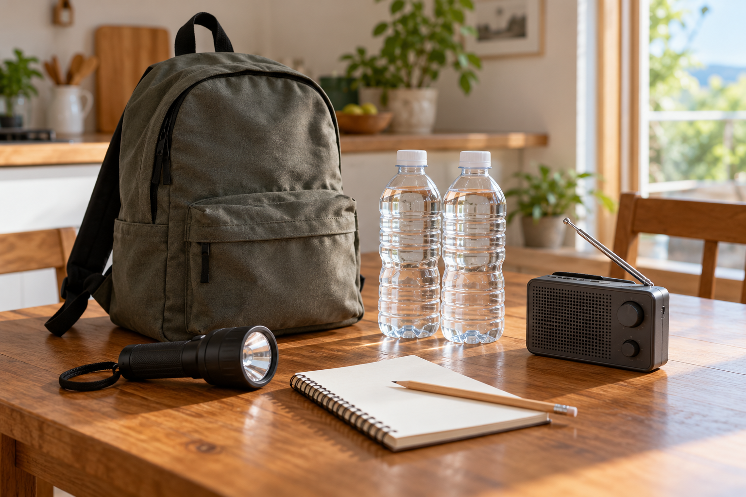 Backpack, flashlight, water bottles, radio, and notebook on a table; AI-generated editorial illustration, not a complete emergency-kit checklist.