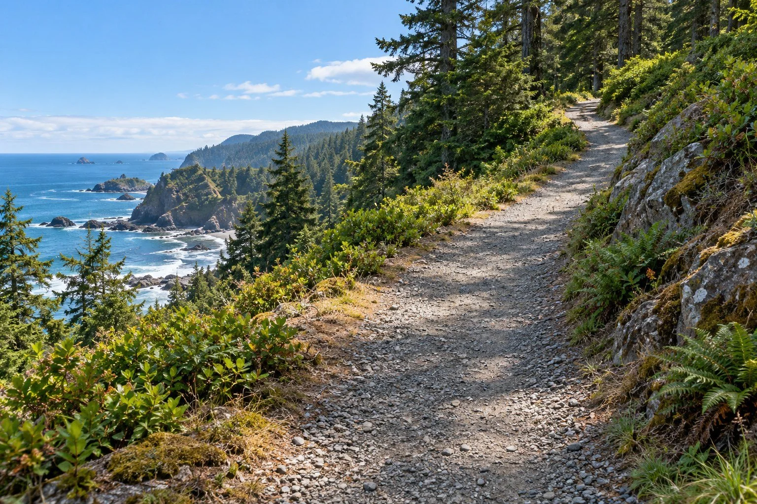 AI-generated illustration of an imagined uphill coastal path; not an approved evacuation route.