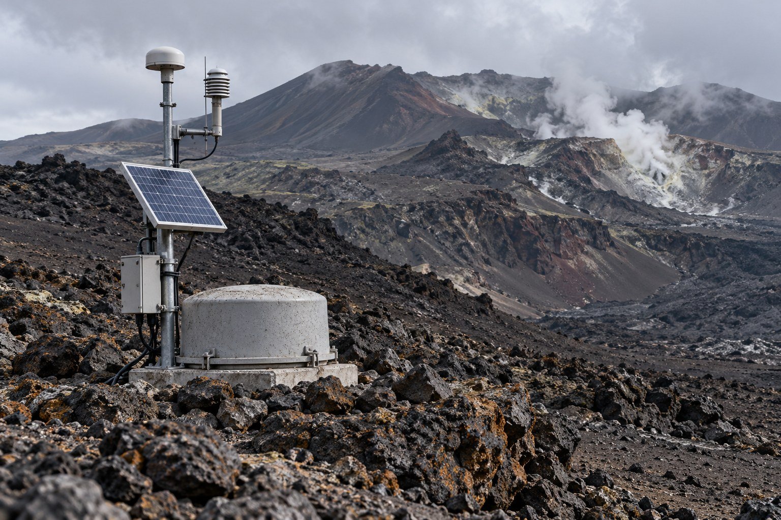 Monitoring equipment on weathered basalt with a volcanic slope behind; AI-generated editorial illustration of an imagined station, not a specific observatory.