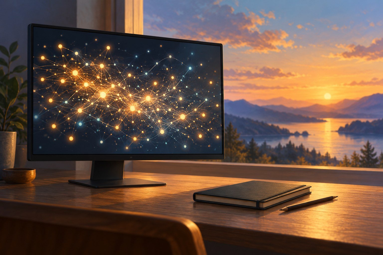 AI-generated editorial concept of abstract data on a computer beside a notebook; not a measured connectome, medical device or uploaded mind.