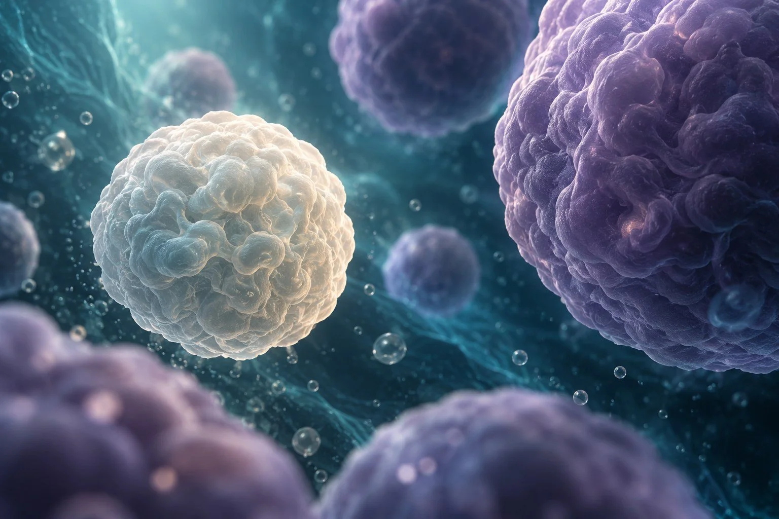 AI-generated conceptual illustration of symbolic cellular forms; not a micrograph or evidence of treatment efficacy.