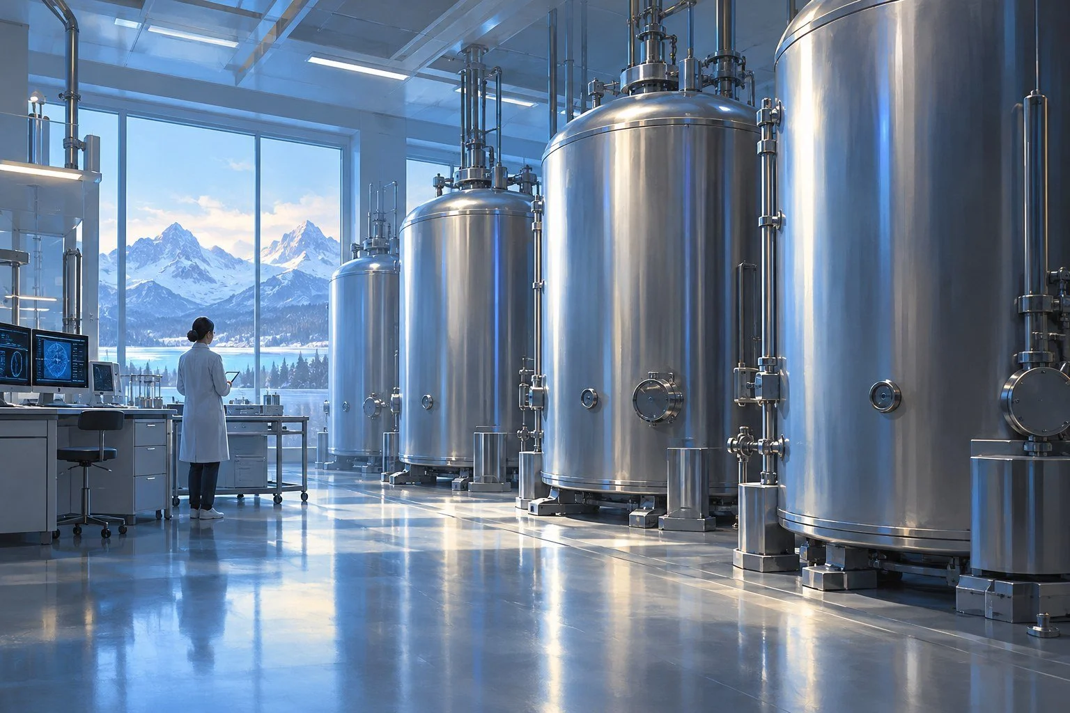 AI-generated editorial concept of an imagined preservation laboratory with closed vessels; not a photograph of a real cryonics facility.