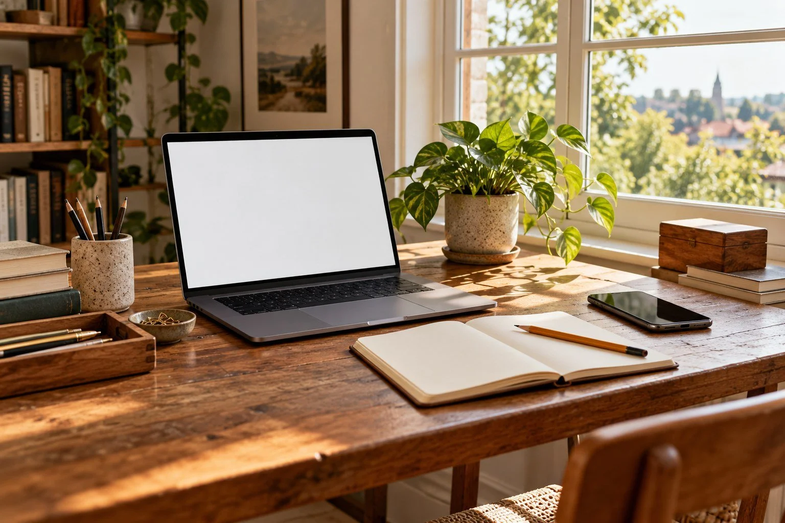 Laptop with a blank screen, notebook, and phone at an imagined publishing desk; AI-generated editorial illustration, not an actual workspace or user account.