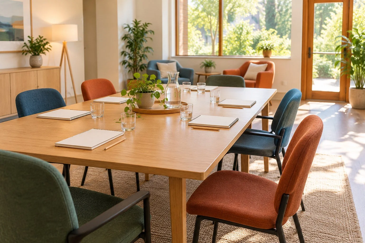 Chairs and blank notebooks in an imagined community meeting room; AI-generated editorial illustration of participation in research discussions, not an actual event.