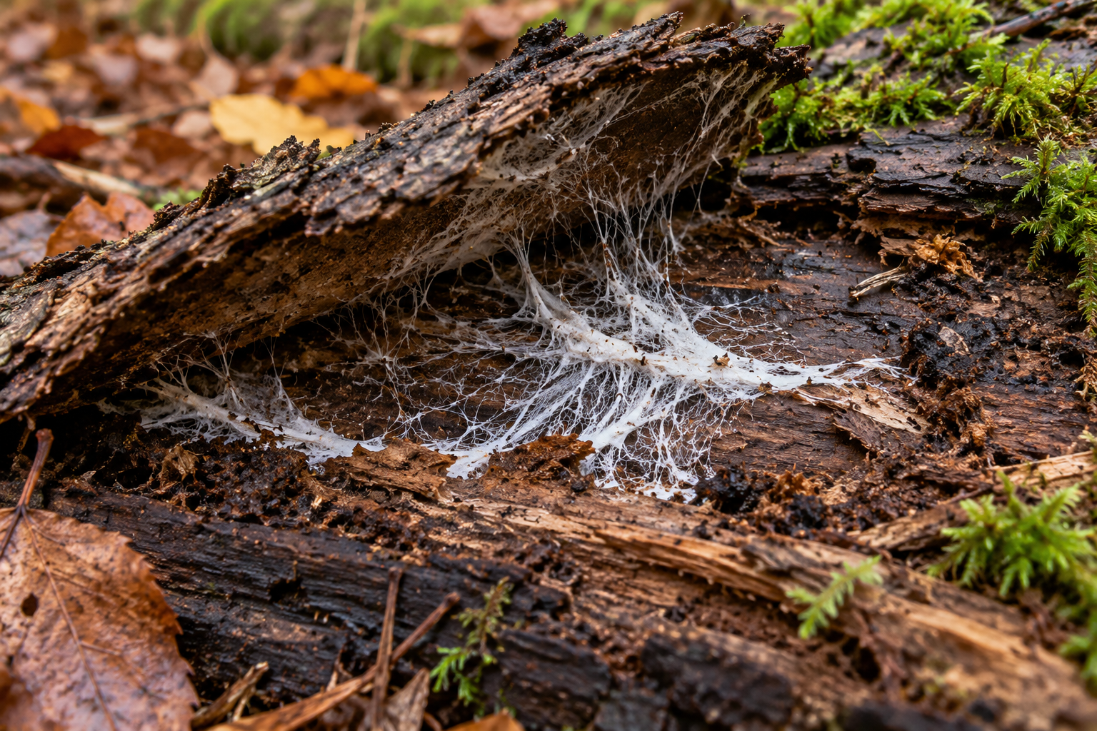AI-created woodland concept illustrating white fungal mycelium beneath loose bark, rather than an identified species or research specimen.