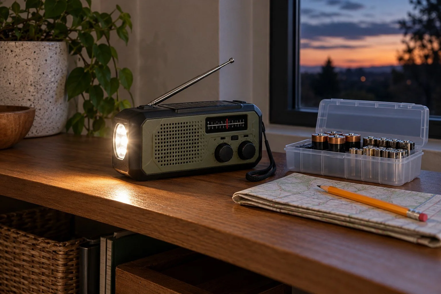 AI-generated editorial scene of an unbranded emergency radio, LED flashlight and organized spare batteries; not a specific product endorsement.