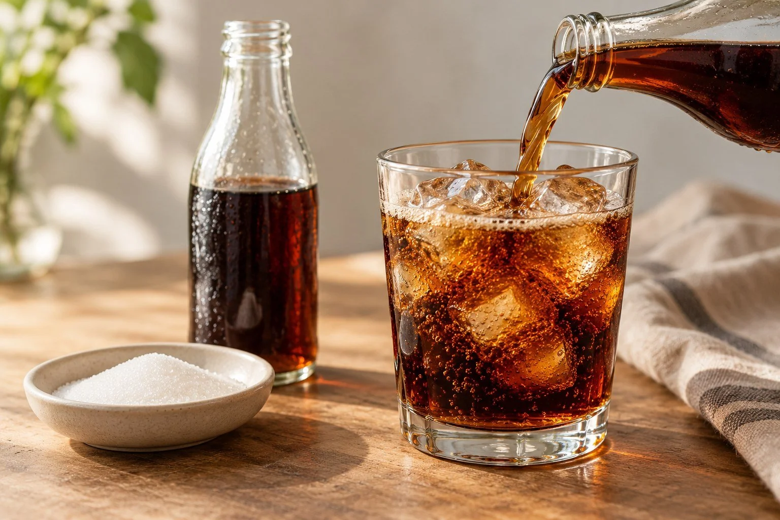 AI-generated editorial scene of generic cola and granulated sugar; not a Pepsi or Coca-Cola product photograph or a measured sugar comparison.