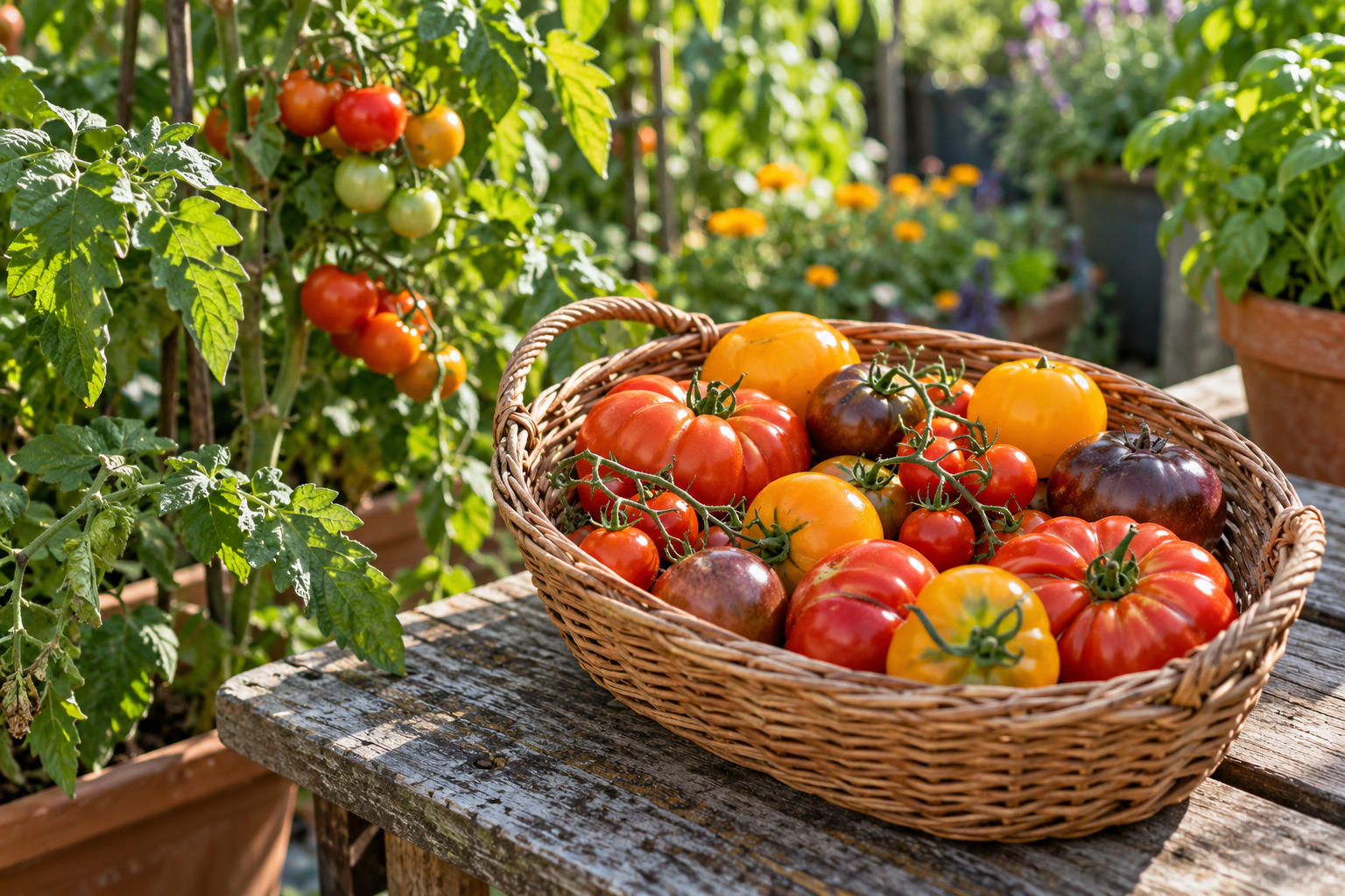 AI-created illustration of a basket of varied tomatoes in a container garden; not the author’s garden or harvest.