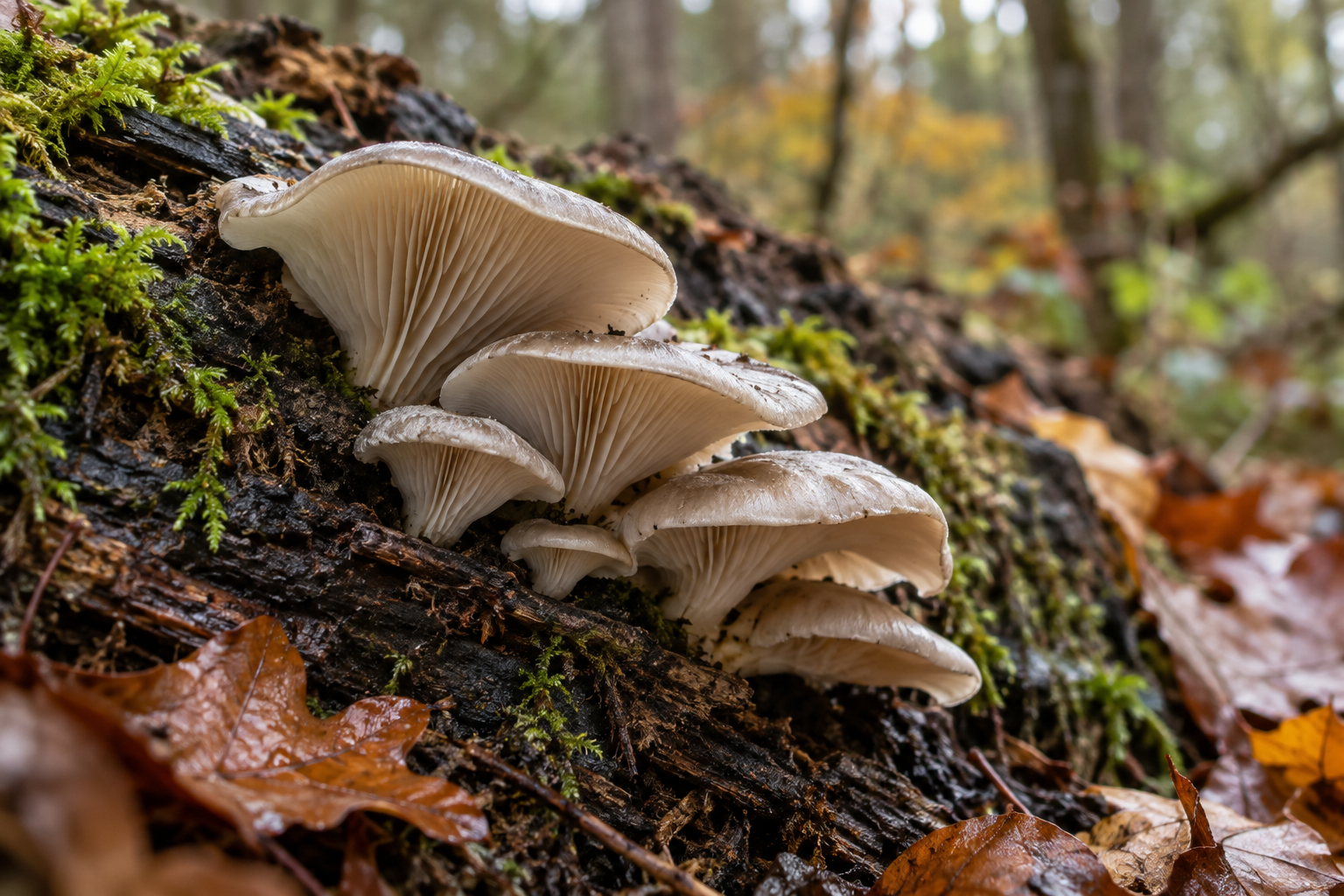 AI-created woodland concept of fungal fruiting bodies on a fallen log, illustrating mushrooms rather than serving as a species identification.