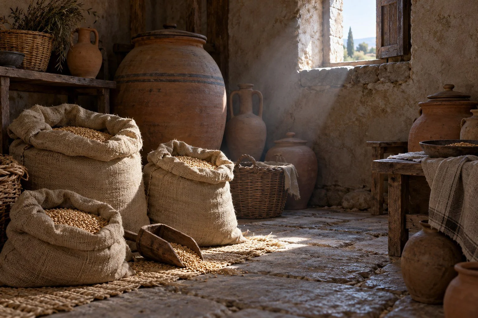 Clay jars and sacks of grain in an imagined sixth-century storage room; AI-generated editorial illustration, not a documented household or famine.
