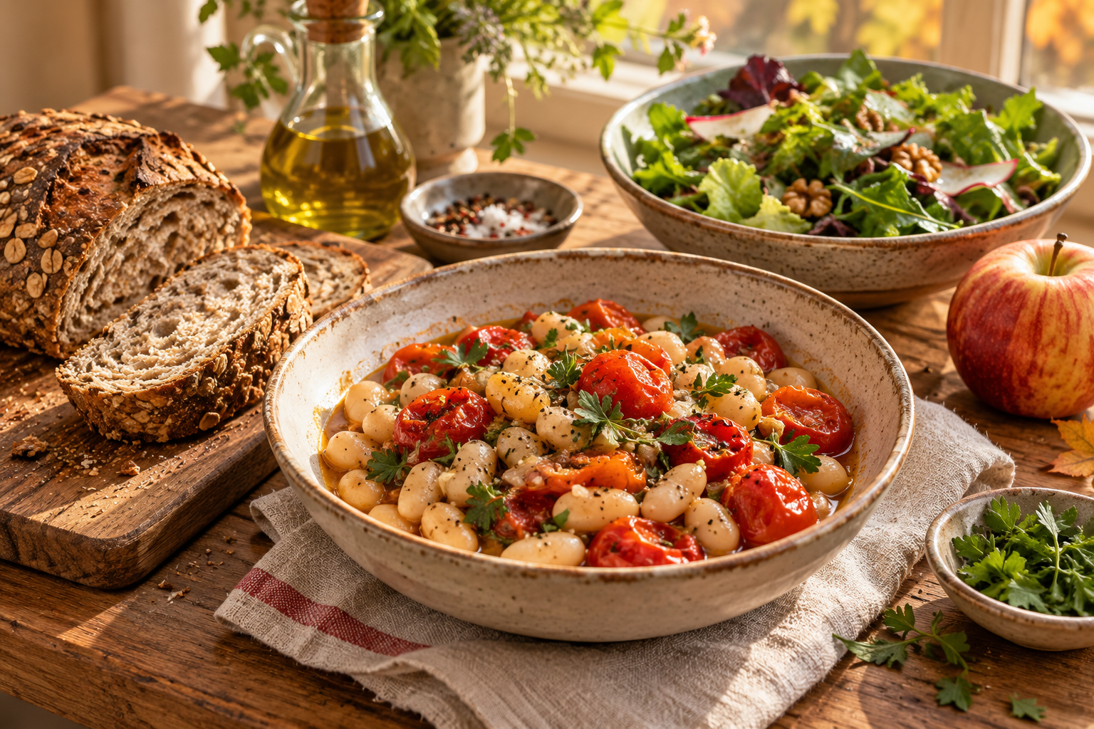 AI-created illustrative meal scene with white beans, tomatoes, whole-grain bread, salad, an apple and olive oil; not an actual research diet.