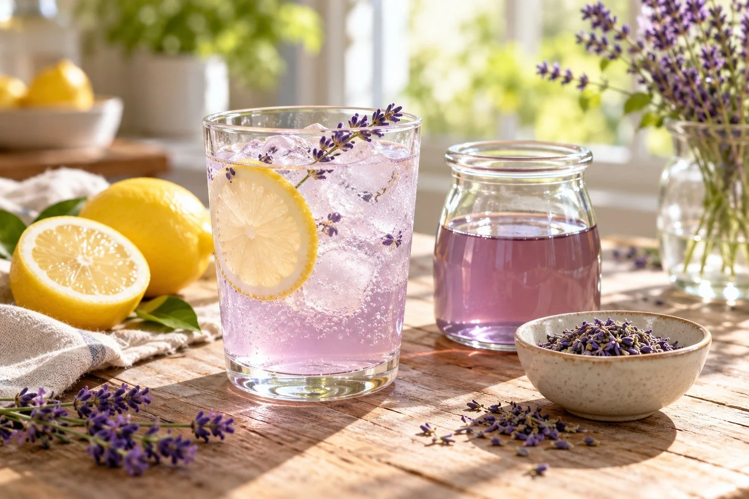 AI-generated editorial concept of lavender-lemon sparkling soda and chilled syrup; not a photograph of a tested recipe or branded product.