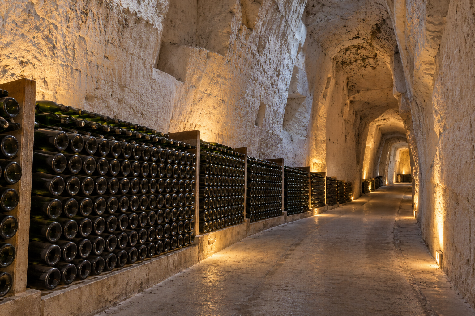 Illustration of Champagne bottles resting on their sides in a chalk cellar.