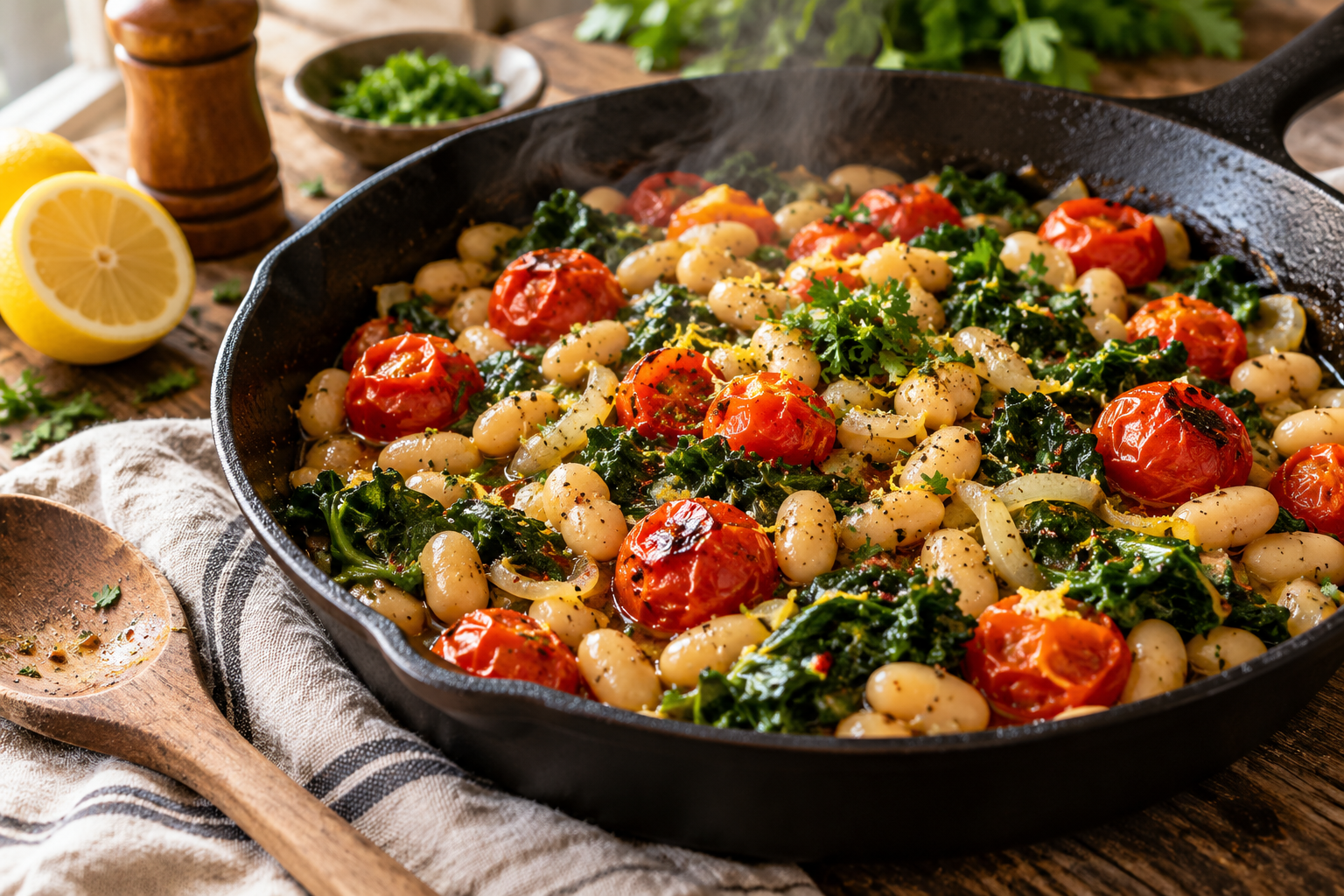 AI-created illustrative cooking scene with white beans, tomatoes and greens in a generic cast iron skillet; not a verified product photograph.