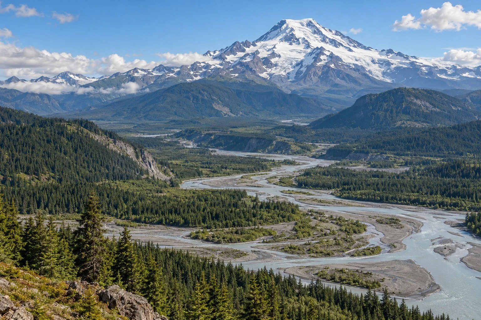 Glacier-covered volcanic peak above a forested river valley; AI-generated editorial illustration of an imagined landscape, not a named mountain or hazard map.