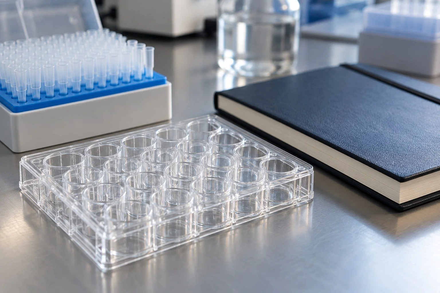 Empty cell-culture plate and laboratory notebook; AI-generated editorial illustration, not a research result or a specific laboratory.