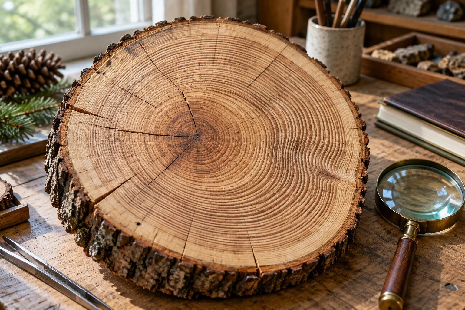 Tree trunk cross section and magnifying glass; AI-generated editorial illustration of tree-ring research, not a dated scientific sample.