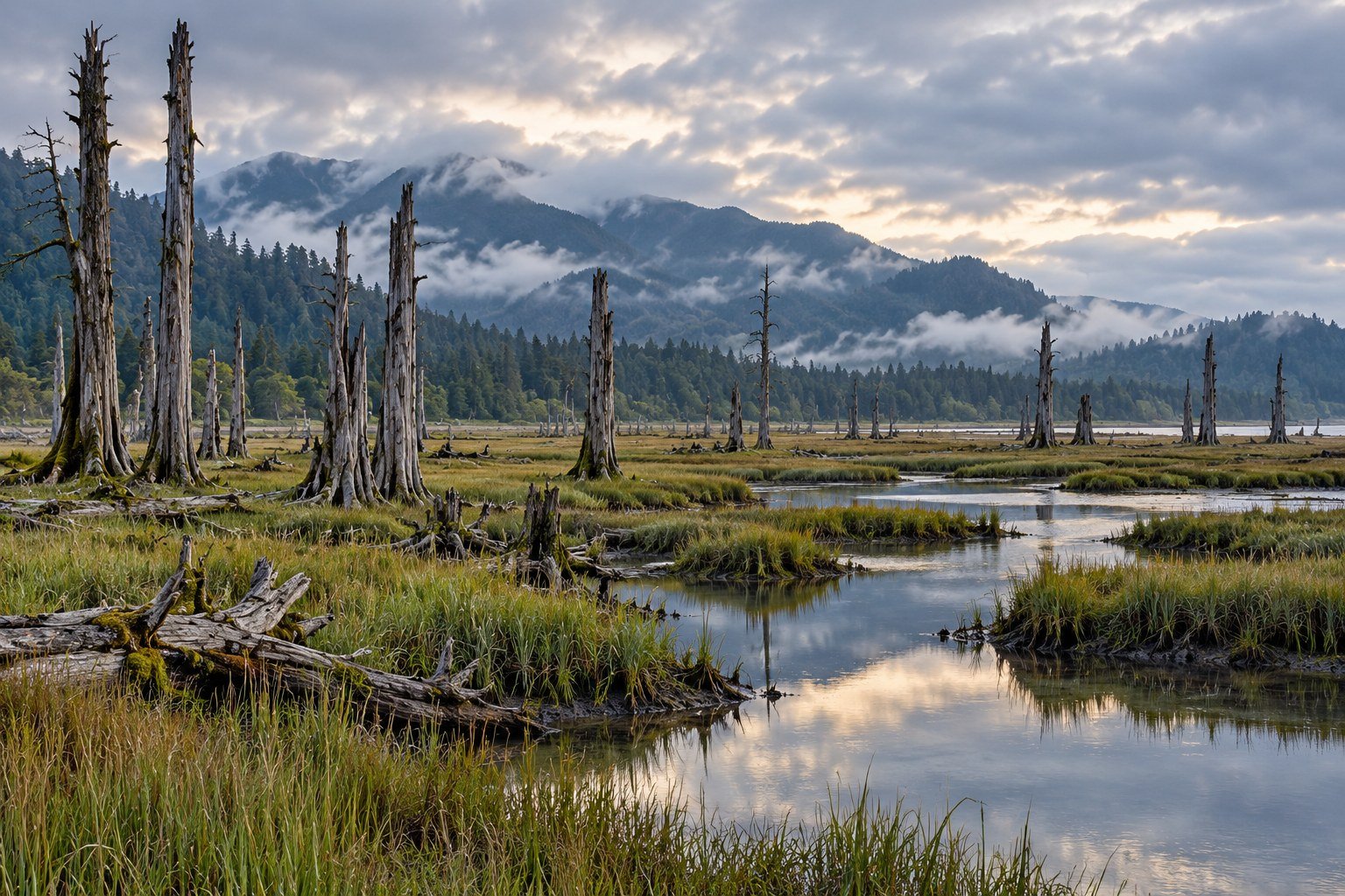 AI-generated illustration of an imagined tidal ghost forest; not evidence from the 1700 earthquake.
