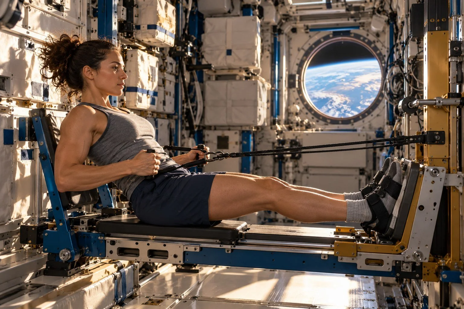 AI-generated editorial illustration of an anonymous astronaut exercising in a generic orbital laboratory, not a real mission photograph or exact station equipment.
