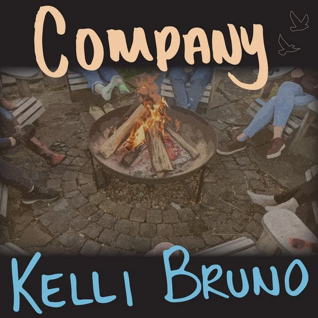 People sitting around a fire pit outdoors with their legs visible, captioned with the text 'Company Kelli Bruno' and two birds in flight. Album artwork for the album "Company" by Keli Bruno