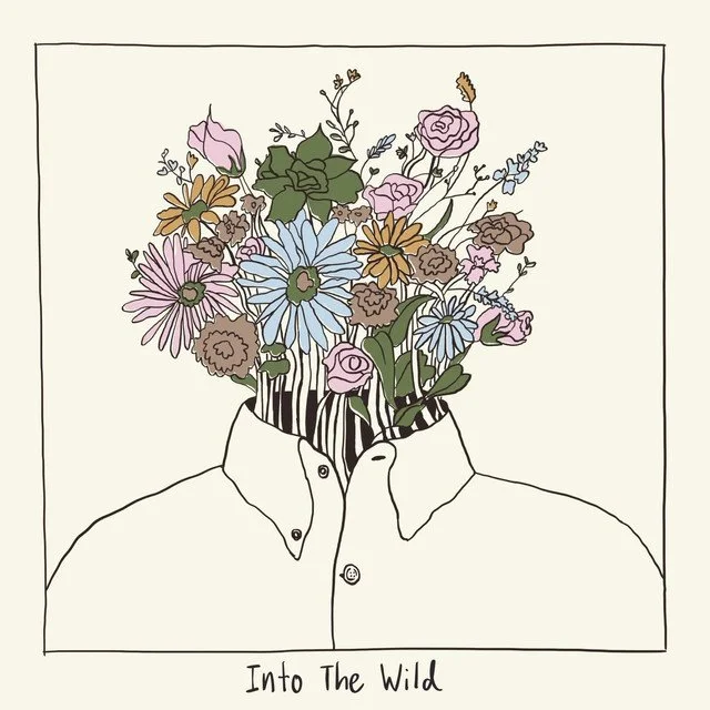 Album artwork for "Into the Wild" by the band The Heartstrings Project, featuring a drawing of a person wearing a collared shirt with their head replaced by a bouquet of colorful flowers, and the caption 'Into The Wild' at the bottom.