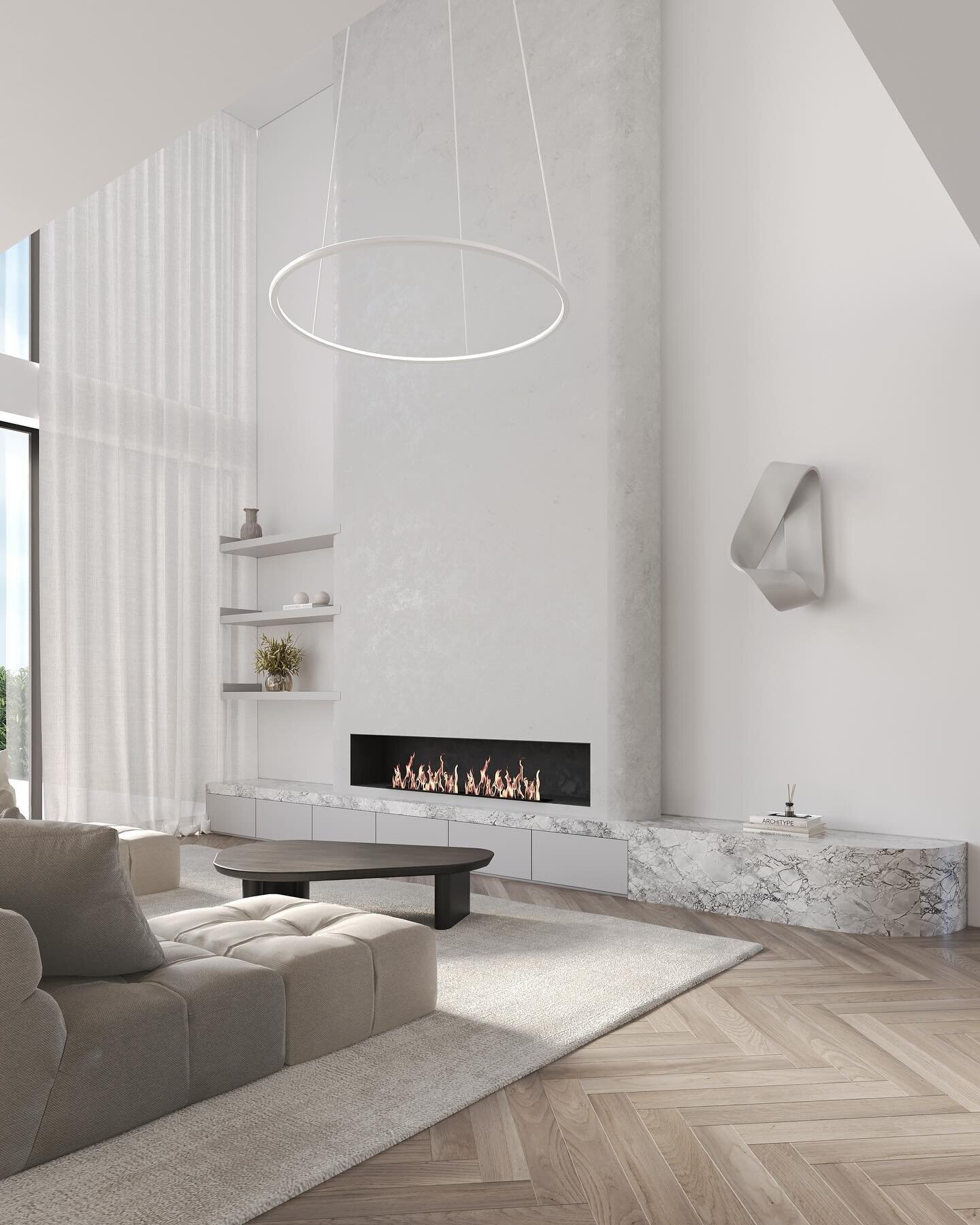 Introducing &mdash;Luna Residence&mdash; 

Double height ceilings, soft palette, curved features, and a central fireplace featuring venetian plaster and a marble bench. 

Luxury and sophistication meet in this elegant space. 

Interior design @nazdes