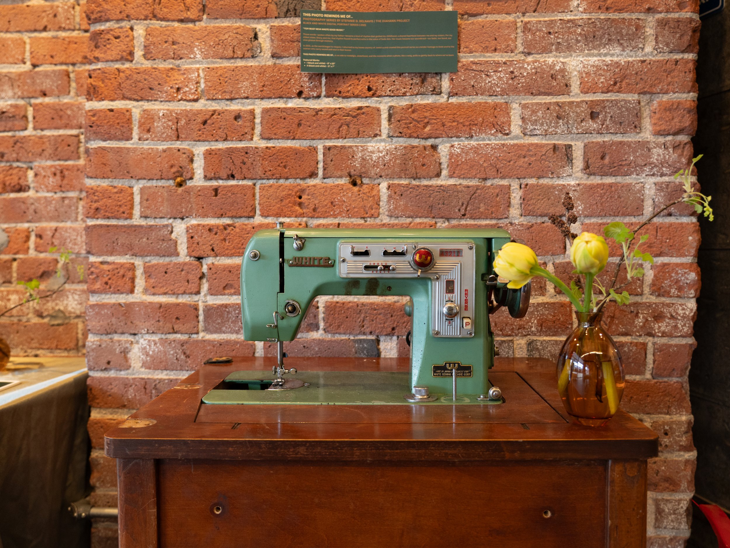 An installation of a sewing machine is displayed at the CEI as part of Steffie Belnavis' show, "In Ernest"