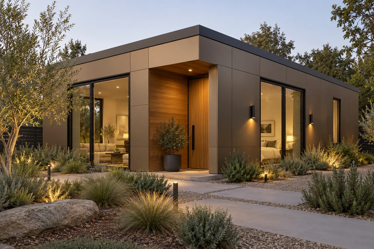 AI-assisted single-story exterior concept of The Annex with bronze panel cladding, a recessed cedar entry and generous dark-framed glazing.