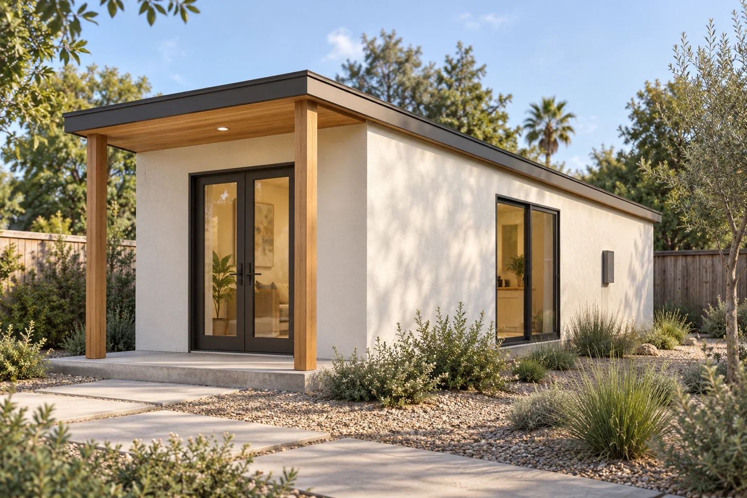 Illustrative 350-square-foot studio ADU with warm stucco, cedar porch, dark window frames and a shallow shed roof.