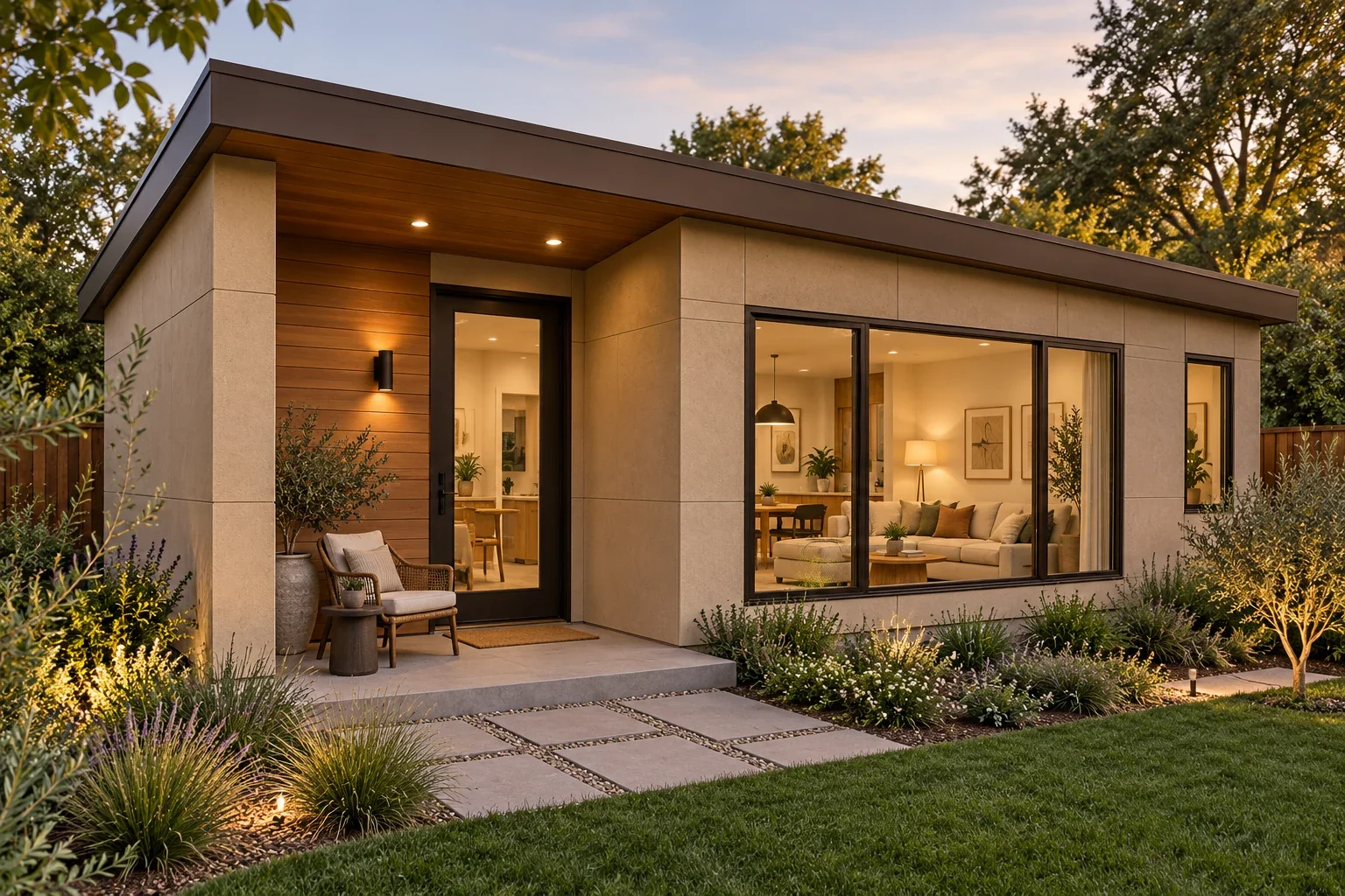 AI-assisted single-story exterior concept of The Nest with sand-colored fiber-cement panels, a cedar entry recess and large bronze-framed living-room glazing.