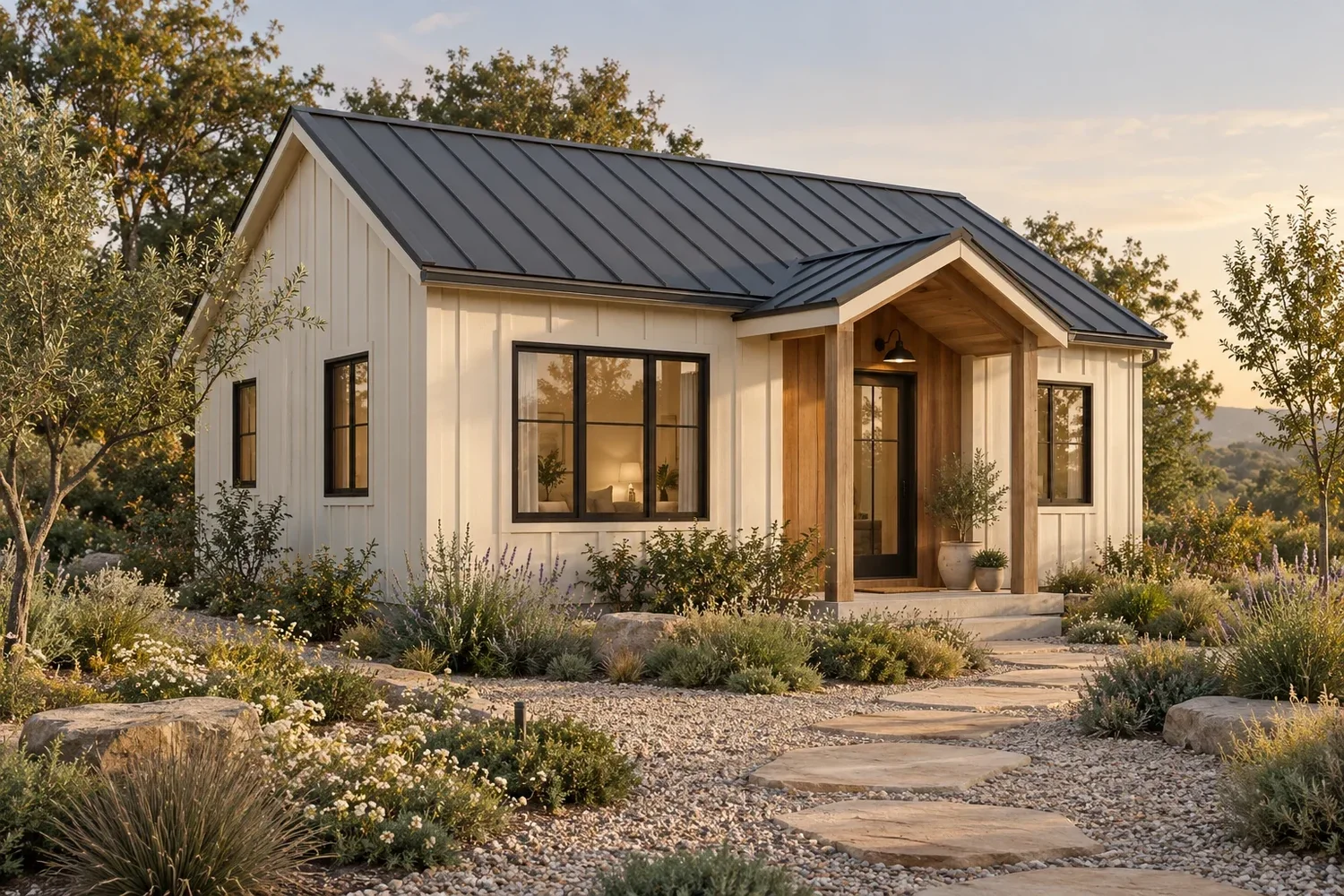 Illustrative compact cottage with a pitched roof, warm wood entry and light siding