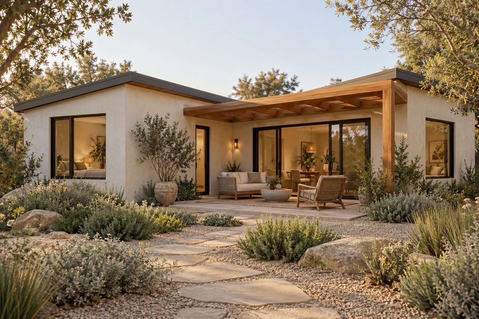 California ADU design concept: Courtyard Cottage with warm stucco, cedar patio shade and bronze-framed glazing.