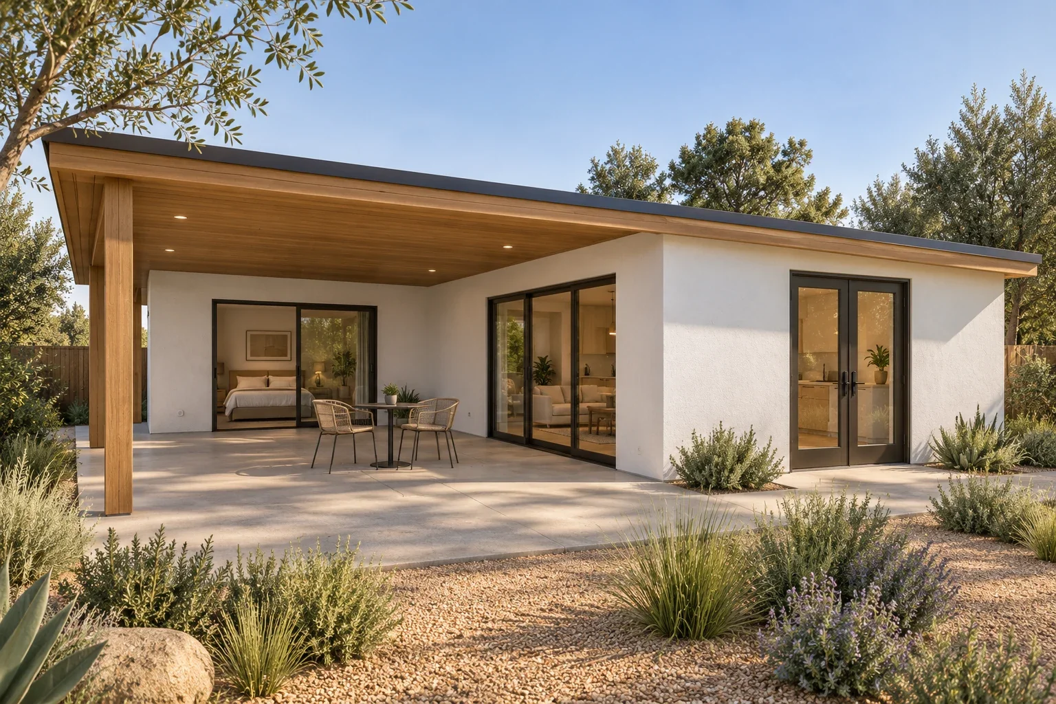 Illustrative 555-square-foot one-bedroom ADU with an L-shaped footprint, covered patio, warm stucco, cedar posts and dark window frames.