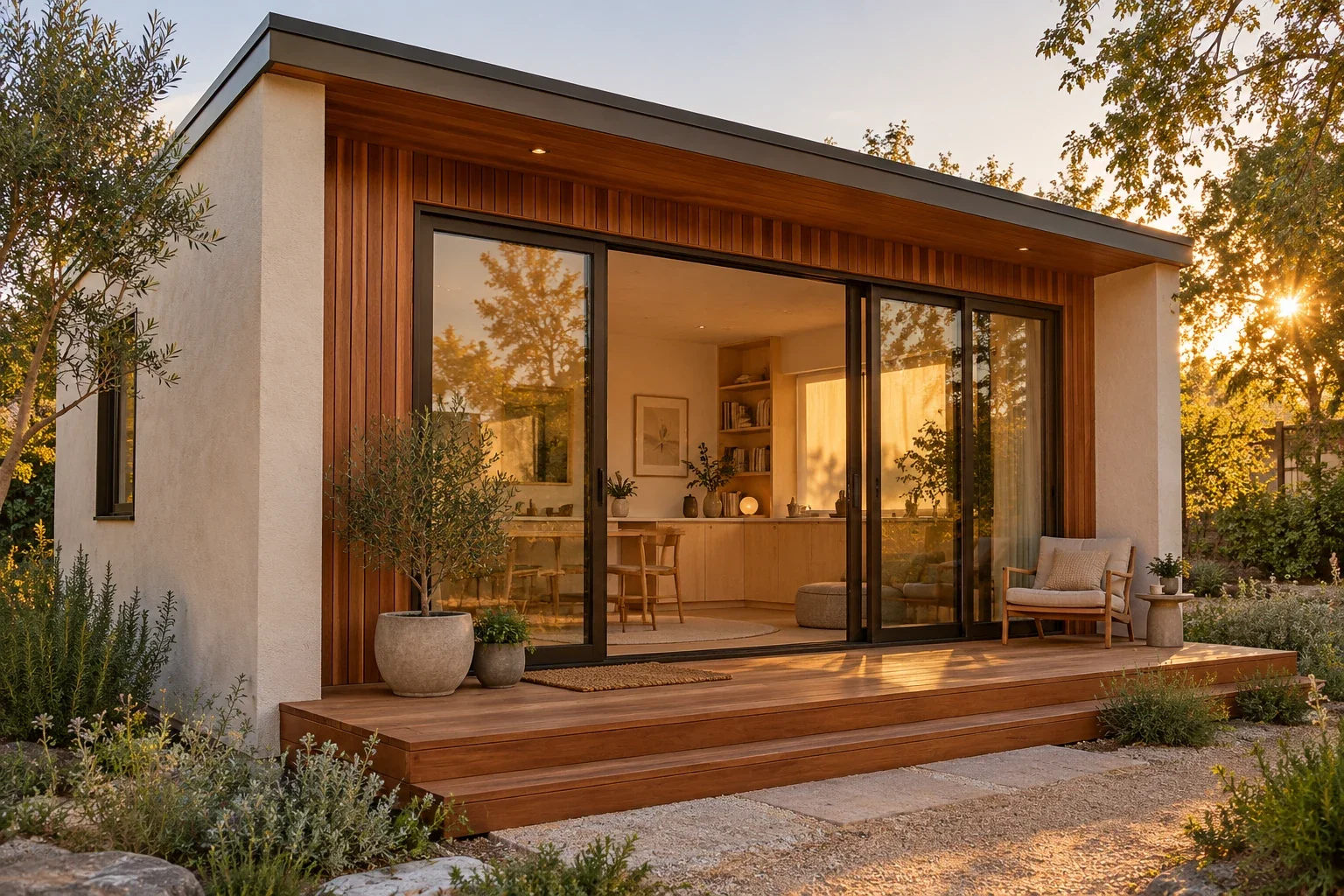 AI-assisted Sunrise Studio ADU exterior concept with warm cedar, ivory stucco and generous bronze-framed glazing.